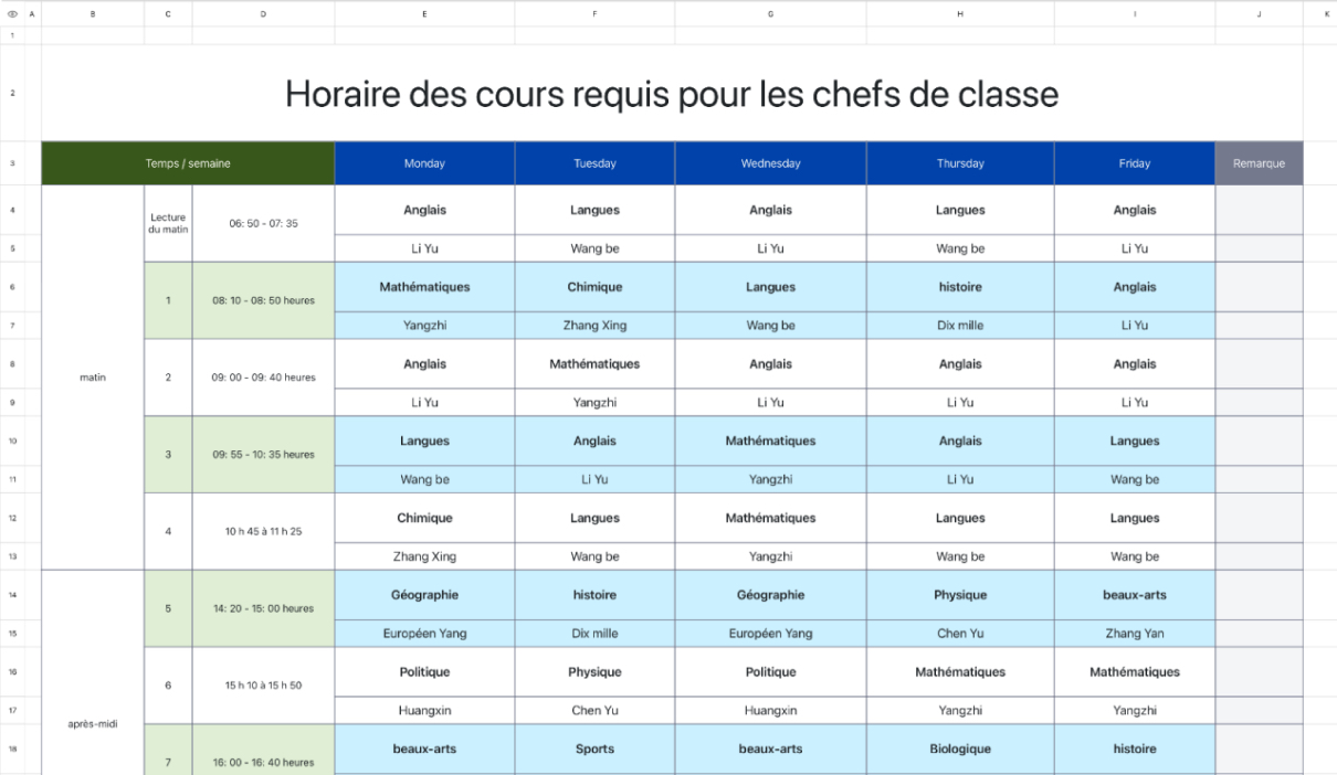 Horaire des cours requis pour les chefs de classe
